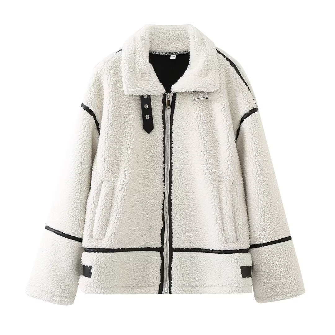 Women's Patchwork Lamb Fur Integrated Fun Design European And American Style Jacket Coat