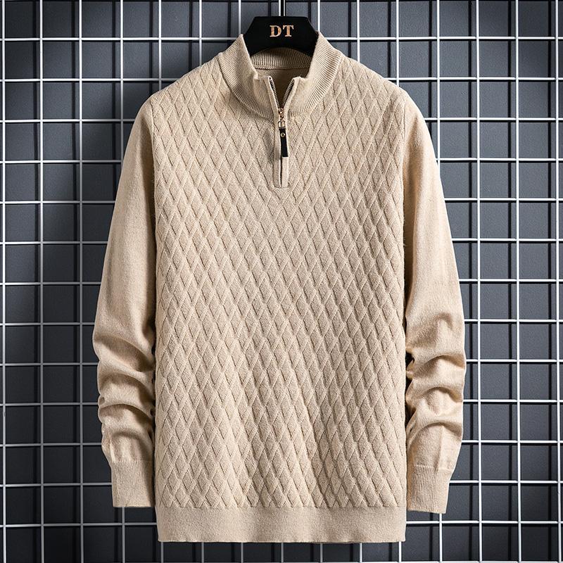 Fall Winter Men Half Zip Sweater Diamond Lattice Sweater