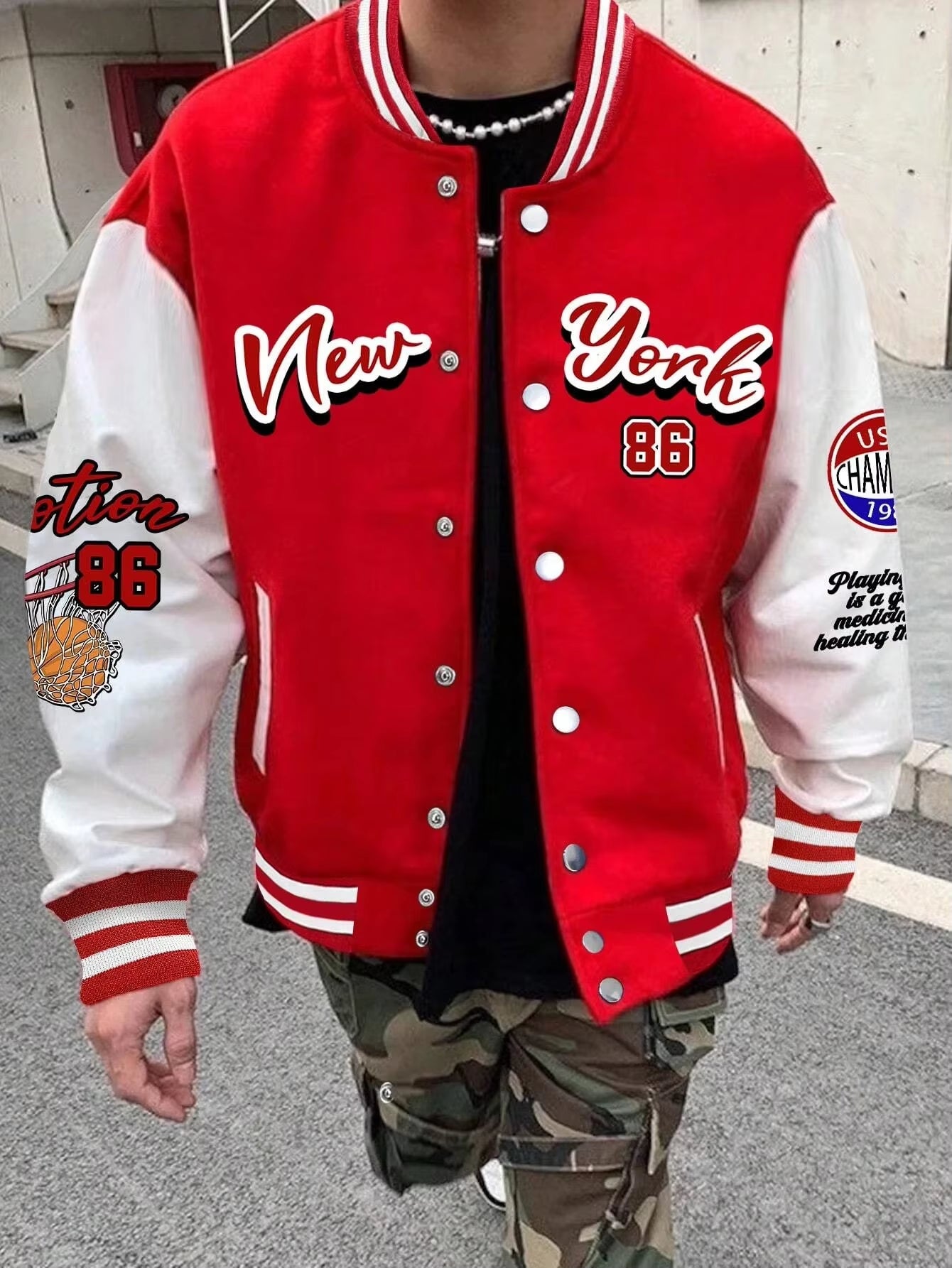 Manfinity EMRG Oversized Men'S Drop Shoulder Varsity Jacket with Letter Graphic Striped Trim and Colorblock Design