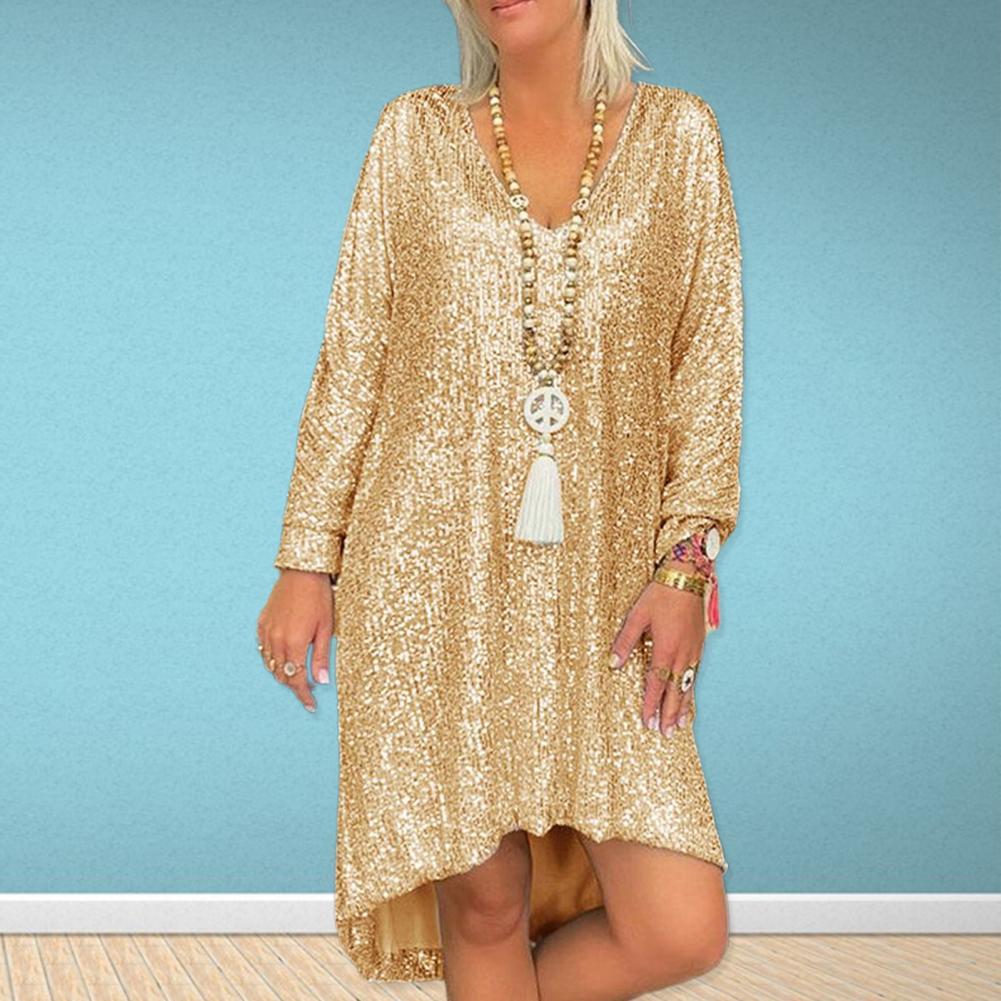 Casual Solid Color Loose Pullover Sequined Shirt V-neck Long Dress