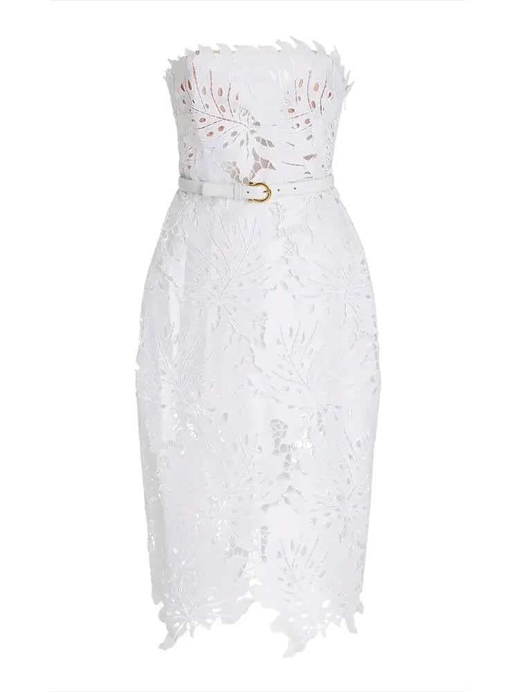 White Midi Dress Flower Cut-Out Elegant Celebrity Party Dress