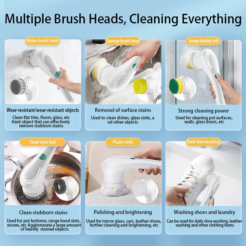 Handheldr Electric Spin Scrubber With 5 Replaceable Brush Head, Power Cordless Electric Cleaning Brush,  For Bathroom, Kitchen