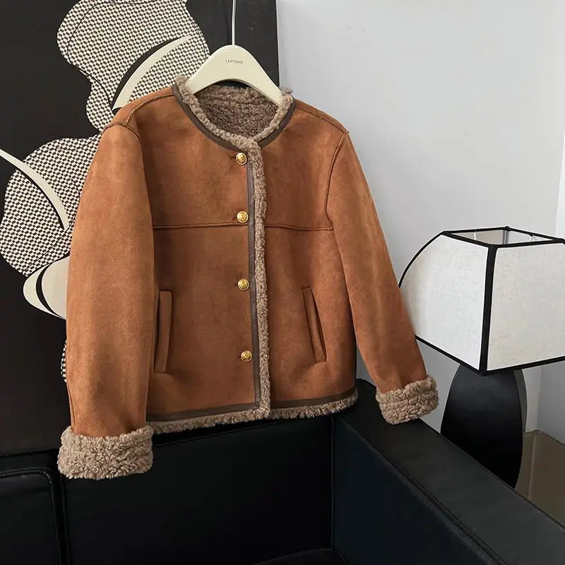 Round Neck Motorcycle Women's Warmth Jacket Female Autumn Winter New Lamb Deer Fur Top Trend Coats