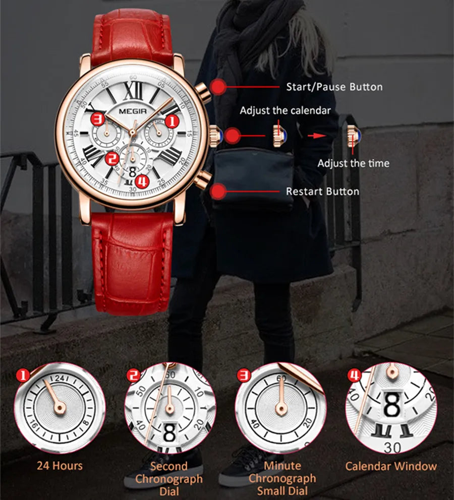 MEGIR Luxury Women Watches Fashion Casual Female Quartz Wristwatch Leather Waterproof Ladies Wrist Watch Dress Clock Reloj Mujer