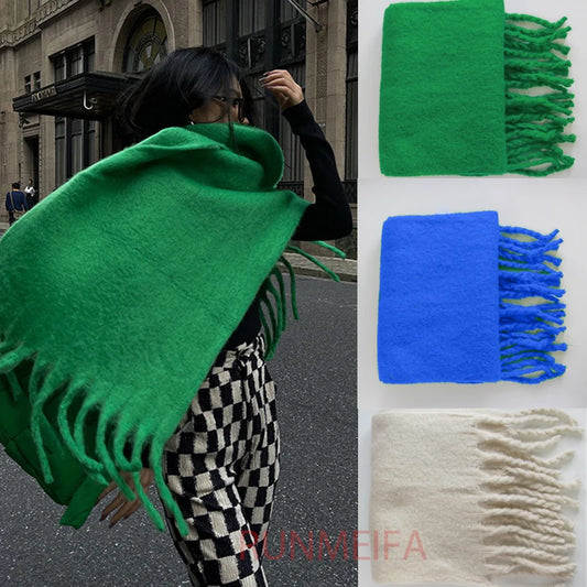 Luxury Cashmere Bright Green Women Solid Scarf Winter Shawl and Wrap Bandana Pashmina Tassel Female Foulard Thick Blanket