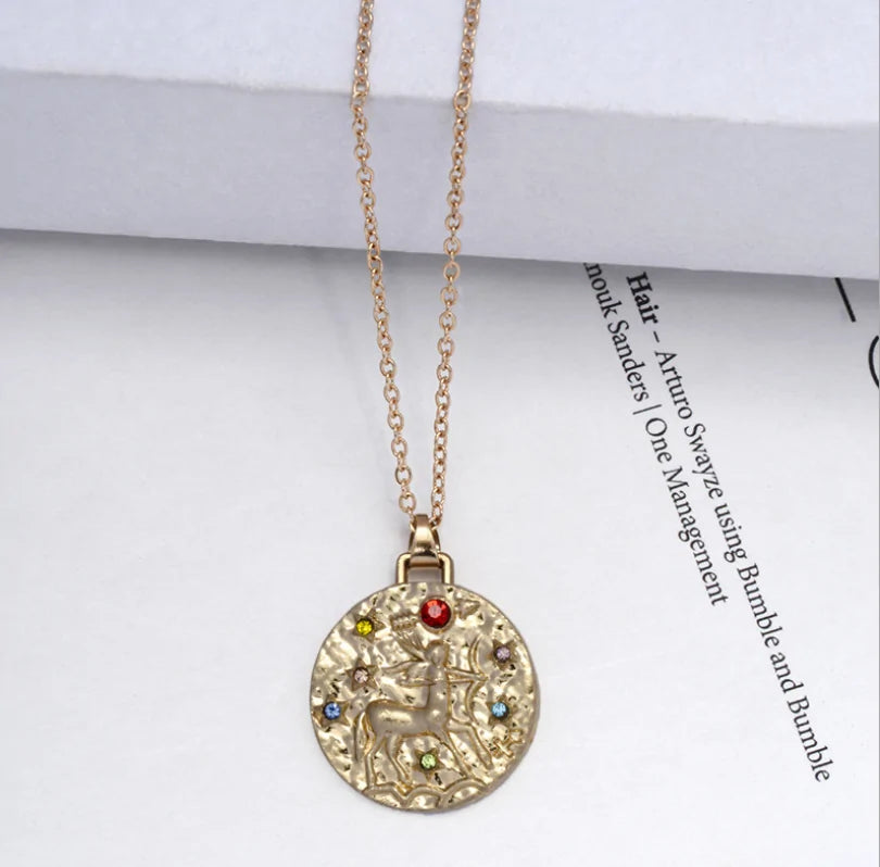 Gold Coin Disk Pendant Zodiac Necklace