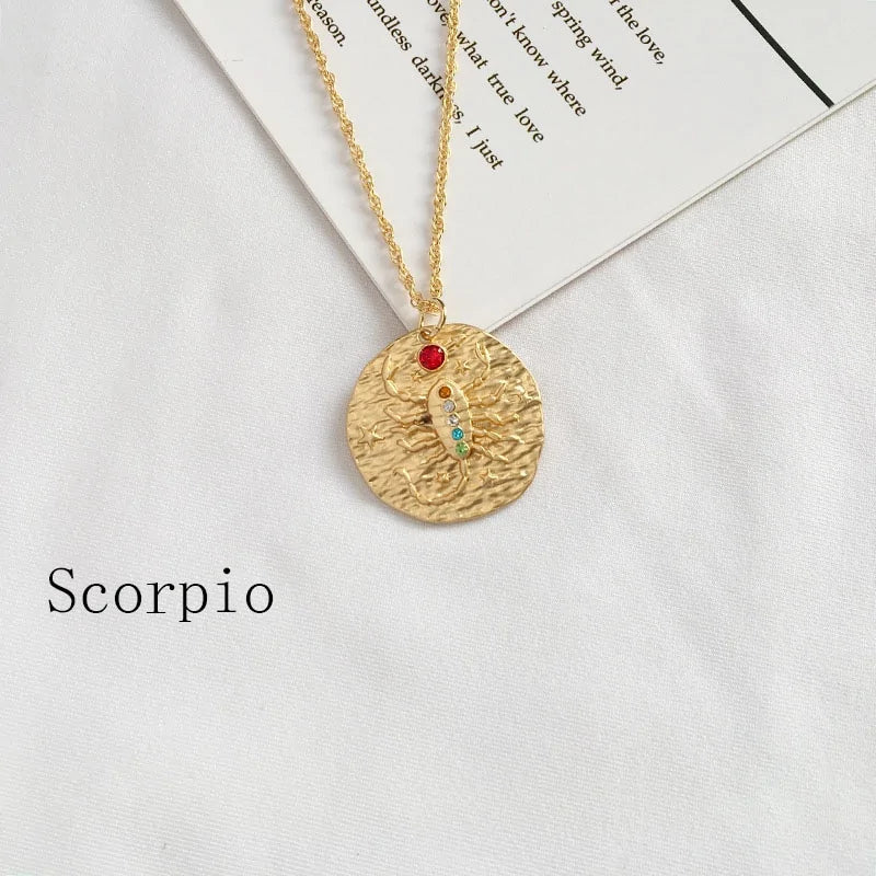 Gold Coin Disk Pendant Zodiac Necklace