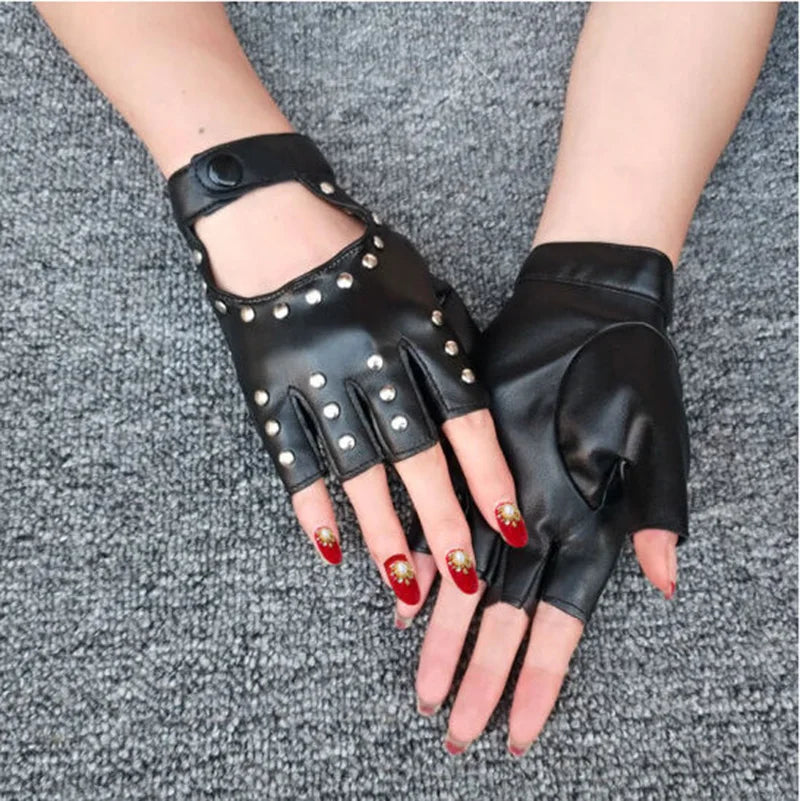 Unisex Nightclub Singer Performance Glove Men Women Half Finger Rivet Punk Party Leather Sport Hip Hop Street Dance Glove I102