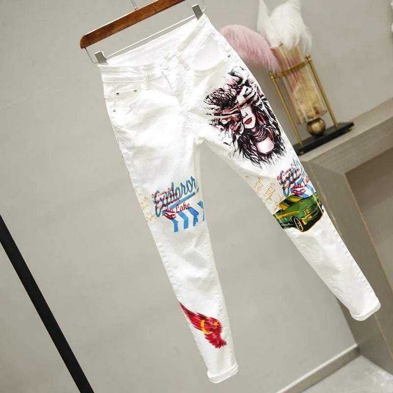 Women White Skinny Denim Pants Cartoon Graffiti Print Stretched Jeans Autumn Slim Body Pencil Jeans Ladies Jeans Y77