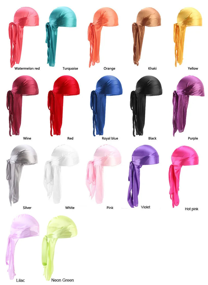 Durag Long Tail Silky Scarf Muslim Doo Rag Pirate Hat Durag Chemo Caps Skull Hat Turban hair band Bandanas 18 colors for Choose