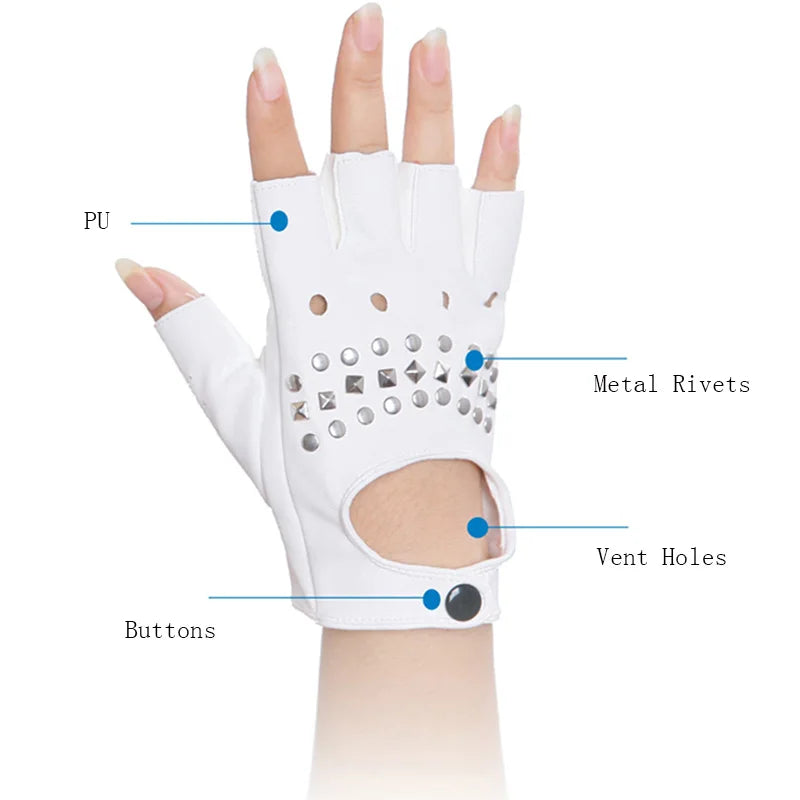 Unisex Nightclub Singer Performance Glove Men Women Half Finger Rivet Punk Party Leather Sport Hip Hop Street Dance Glove I102