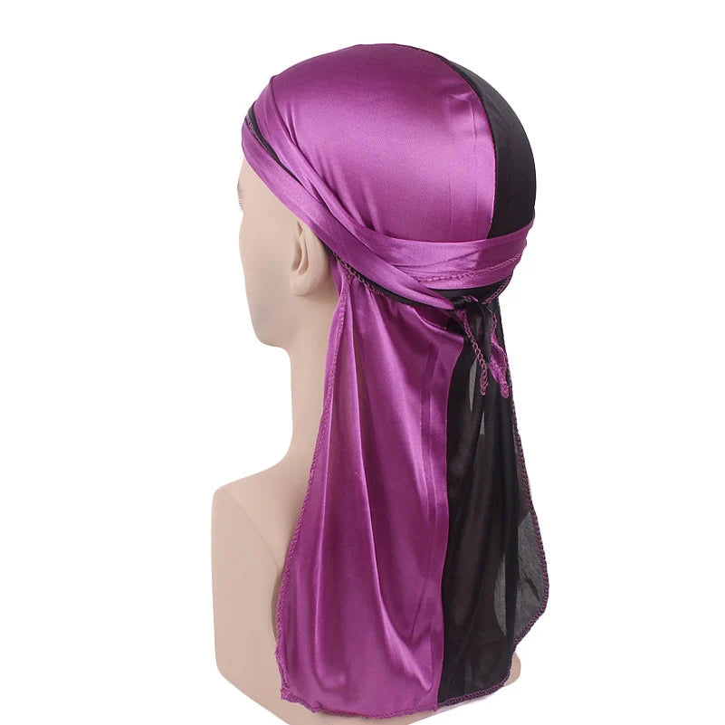 Durag Long Tail Silky Scarf Muslim Doo Rag Pirate Hat Durag Chemo Caps Skull Hat Turban hair band Bandanas 18 colors for Choose