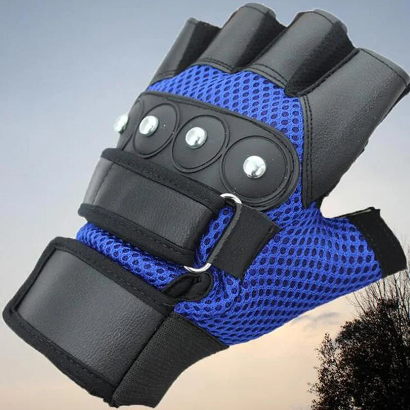 Men's Half Finger Leather Fitness Gloves Bike Sport Gloves Gym Exercise Men Black Rivets Punk Gloves G135