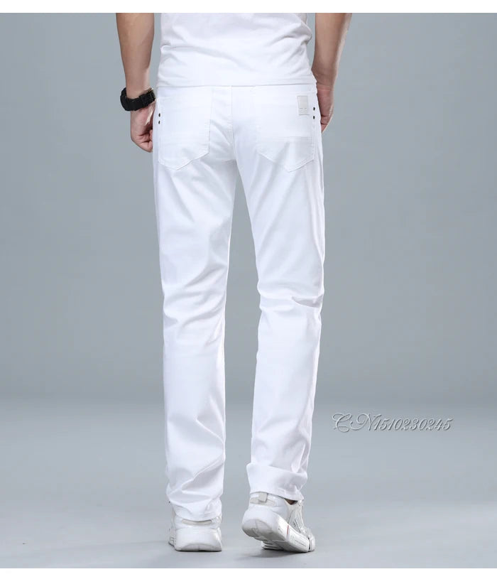 Classic Style Men's Regular Fit White Jeans Business Fashion Denim Advanced Stretch Cotton Trousers Male Brand Pants