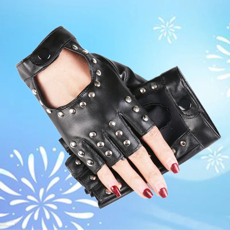 Unisex Nightclub Singer Performance Glove Men Women Half Finger Rivet Punk Party Leather Sport Hip Hop Street Dance Glove I102