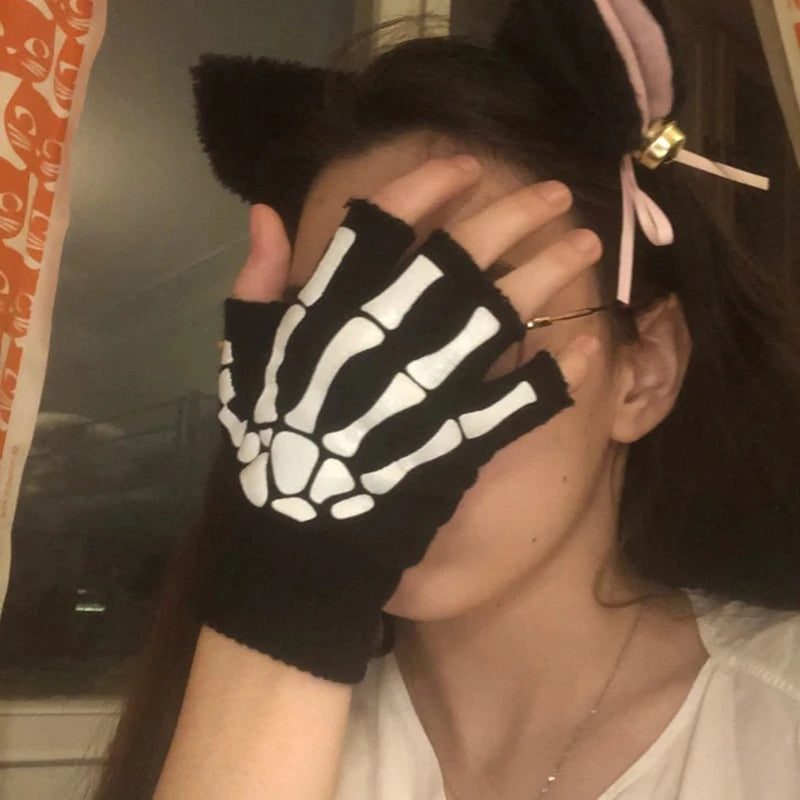 New Punk Gloves Unisex Halloween Skeleton Skull Half Finger Gloves Glow In The Dark Fingerless Stretch Knitted Winter Mittens