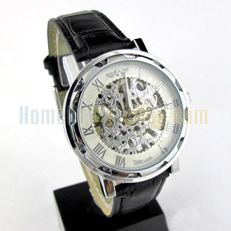 Fashion Winner Black Leather Band Stainless Steel Skeleton Mechanical Watch For Man Gold Mechanical Wrist Watch Luxury Brand