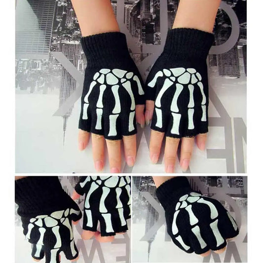 1 Pair Unisex Adult Halloween Skeleton Skull Half Finger Gloves Printing Hand Bone Fingerless Stretch Knitted Winter Mittens