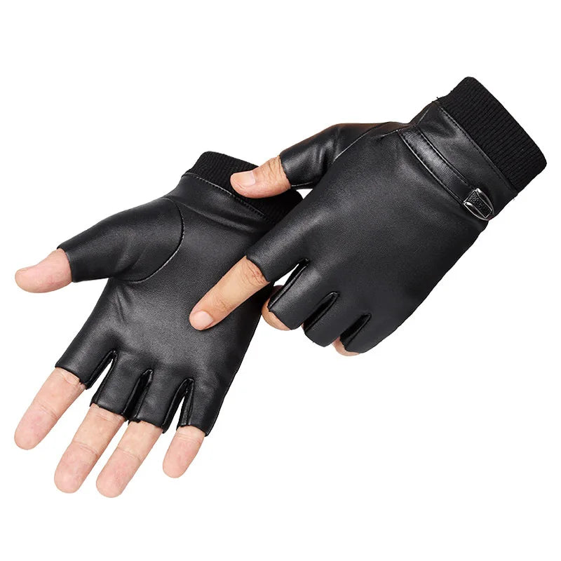 Men's Half Finger Leather Fitness Gloves Bike Sport Gloves Gym Exercise Men Black Rivets Punk Gloves G135