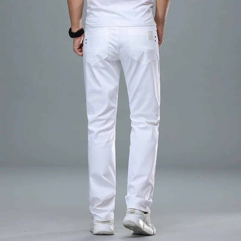 Classic Style Men's Regular Fit White Jeans Business Fashion Denim Advanced Stretch Cotton Trousers Male Brand Pants