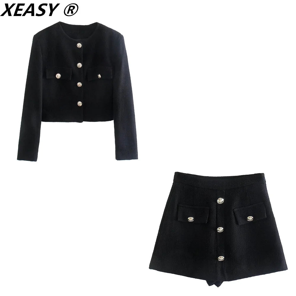 XEASY Tweed Jacket Set Two Piece Sets Women Skirt Fall 2021 Womens Fashion Black Single Breasted Jacket High-Waisted Skirt Suit