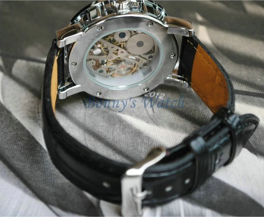 Fashion Winner Black Leather Band Stainless Steel Skeleton Mechanical Watch For Man Gold Mechanical Wrist Watch Luxury Brand