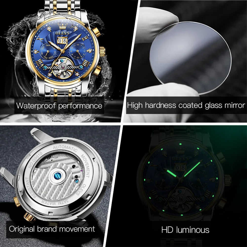 OLEVS Luxury Watches For Men Automatic Watch Waterproof Stainless Steel Mechanical Watches Gift Box Luminous Male Wristwatch