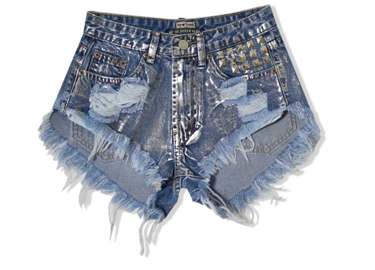 Sexy Denim Shorts Women Destroyed Ripped Jeans Rivet Embellished Studded Ladies Short Trousers Tassel Fashion Streetwear XXS XS