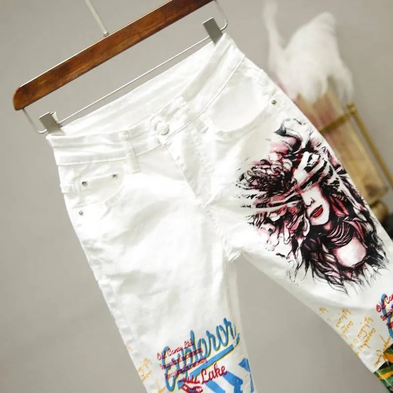 Women White Skinny Denim Pants Cartoon Graffiti Print Stretched Jeans Autumn Slim Body Pencil Jeans Ladies Jeans Y77