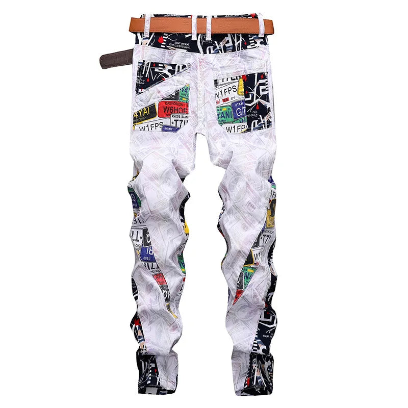 2021 European Style Men Black Jeans Spring Autumn Digital Printing Cotton Pants Men's Slim Fashion Stretch Casual Denim Trousers