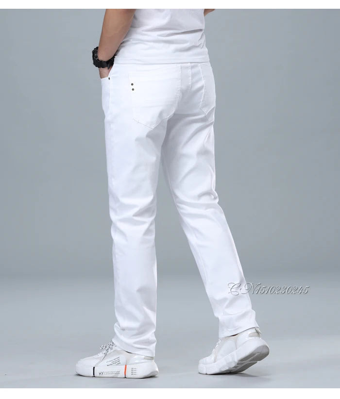 Classic Style Men's Regular Fit White Jeans Business Fashion Denim Advanced Stretch Cotton Trousers Male Brand Pants