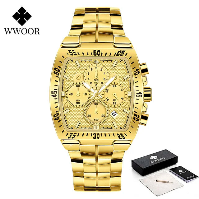 WWOOR Men Chronograph Sport Watches For Men Fashion Square Top Brand Luxury Stainless Steel Waterproof Quartz Watch Reloj Hombre