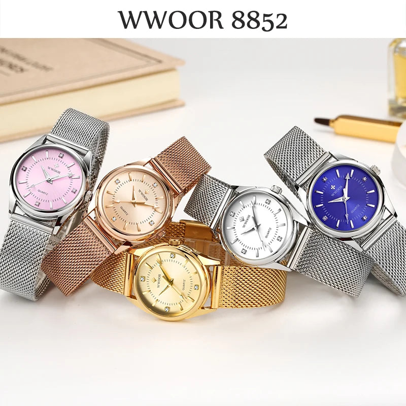 WWOOR Luxury Brand Dress Gold Watch Ladies Elegant Diamond Small Quartz Wrist Watches For Women Steel Mesh Clock zegarek damski