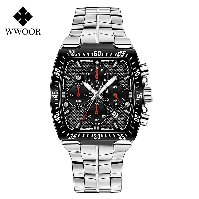 WWOOR Men Chronograph Sport Watches For Men Fashion Square Top Brand Luxury Stainless Steel Waterproof Quartz Watch Reloj Hombre