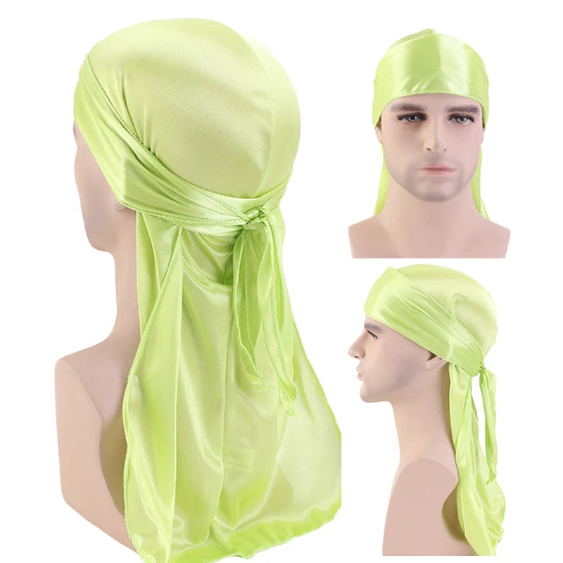 Durag Long Tail Silky Scarf Muslim Doo Rag Pirate Hat Durag Chemo Caps Skull Hat Turban hair band Bandanas 18 colors for Choose