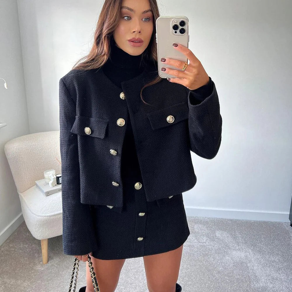 XEASY Tweed Jacket Set Two Piece Sets Women Skirt Fall 2021 Womens Fashion Black Single Breasted Jacket High-Waisted Skirt Suit