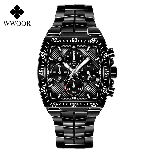 WWOOR Men Chronograph Sport Watches For Men Fashion Square Top Brand Luxury Stainless Steel Waterproof Quartz Watch Reloj Hombre