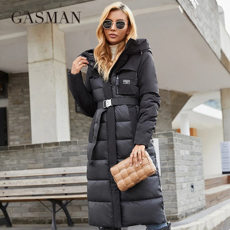 GASMAN Women's jacket Long elegant Fashion Winter coat for women brand Zipper pocket Warm Parka with belt Down jackets 8189