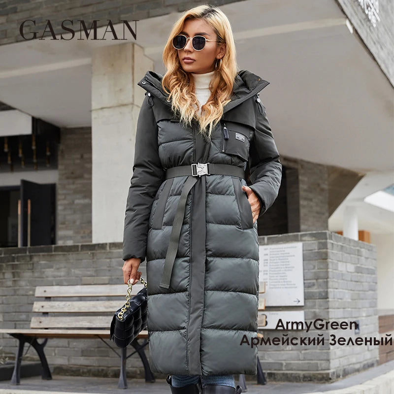 GASMAN Women's jacket Long elegant Fashion Winter coat for women brand Zipper pocket Warm Parka with belt Down jackets 8189