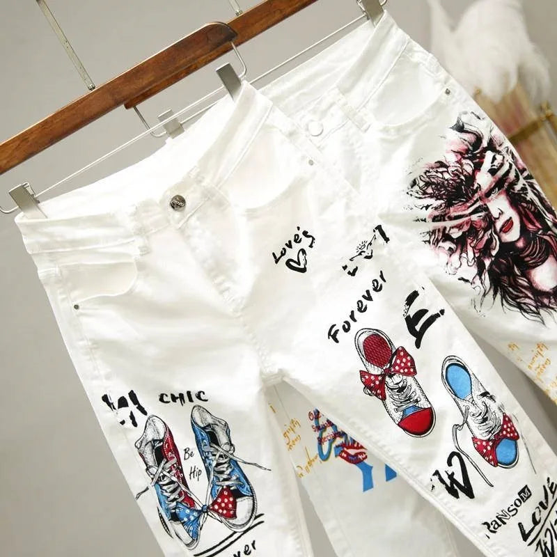 Women White Skinny Denim Pants Cartoon Graffiti Print Stretched Jeans Autumn Slim Body Pencil Jeans Ladies Jeans Y77