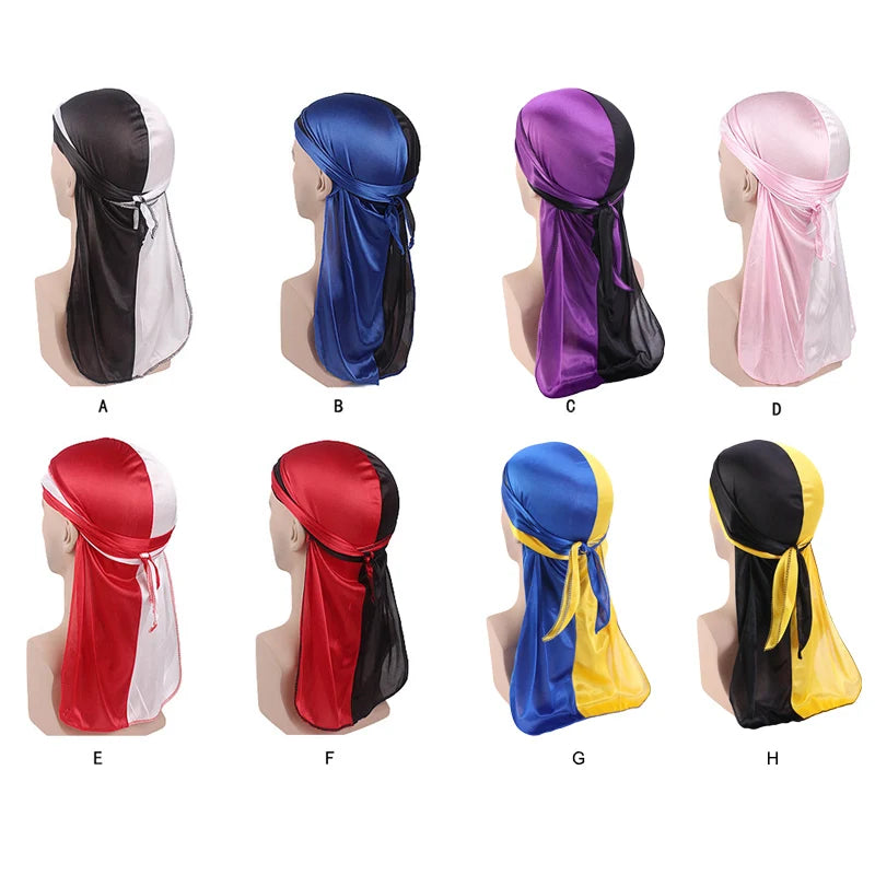 Durag Long Tail Silky Scarf Muslim Doo Rag Pirate Hat Durag Chemo Caps Skull Hat Turban hair band Bandanas 18 colors for Choose