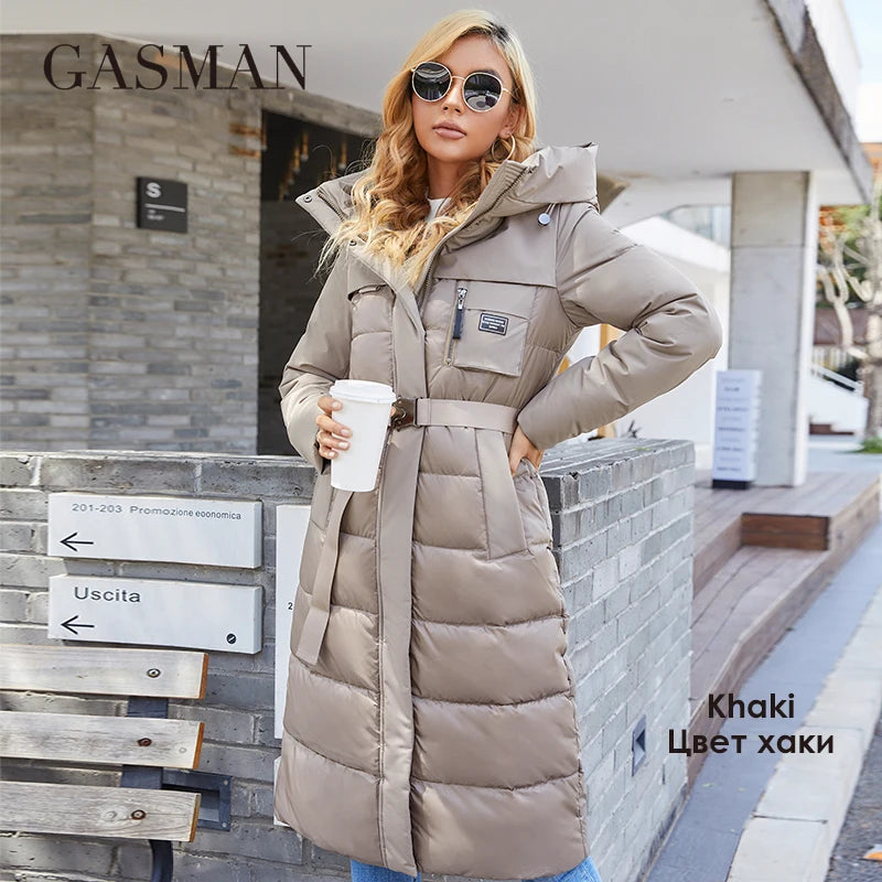 GASMAN Women's jacket Long elegant Fashion Winter coat for women brand Zipper pocket Warm Parka with belt Down jackets 8189