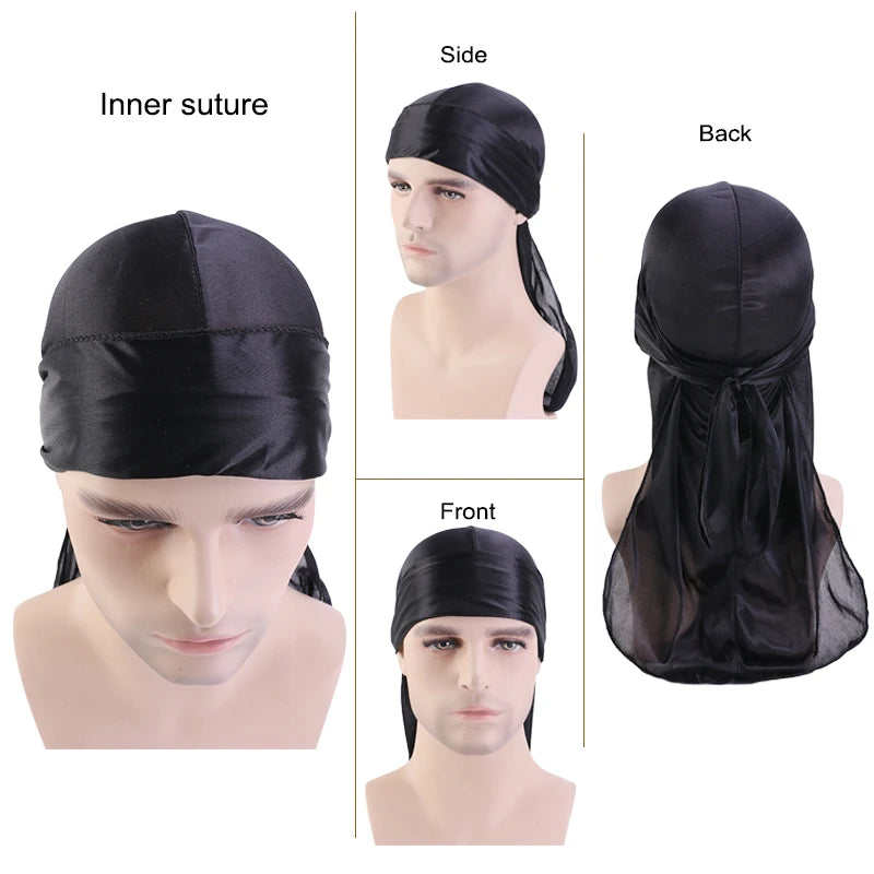 Durag Long Tail Silky Scarf Muslim Doo Rag Pirate Hat Durag Chemo Caps Skull Hat Turban hair band Bandanas 18 colors for Choose