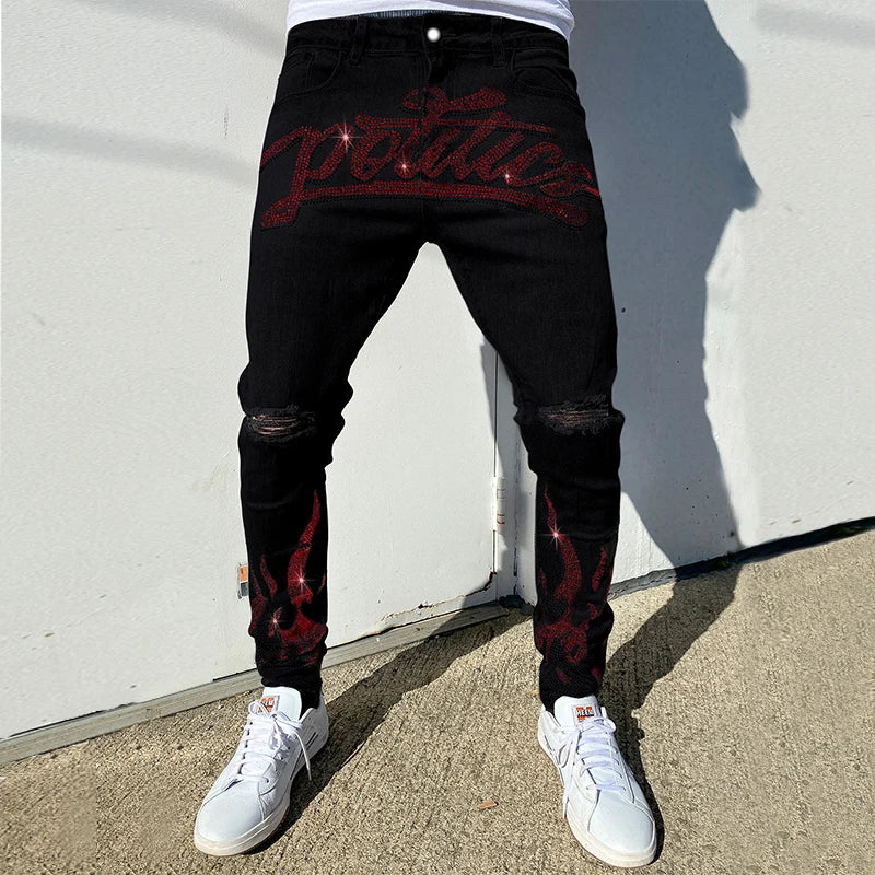 y2k Men Stretchy Ripped Skinny Black Jeans Slim High Quality Hole Trousers Aesthetic Rhinestones Streetwear Denim Pencil Pants