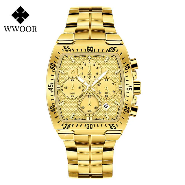 WWOOR Men Chronograph Sport Watches For Men Fashion Square Top Brand Luxury Stainless Steel Waterproof Quartz Watch Reloj Hombre