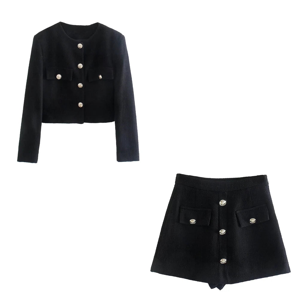 XEASY Tweed Jacket Set Two Piece Sets Women Skirt Fall 2021 Womens Fashion Black Single Breasted Jacket High-Waisted Skirt Suit