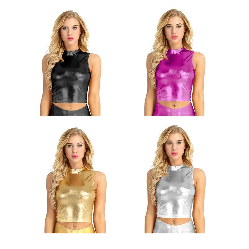 Frauen Latex Leder Sexy Tank Crop Top Ärmelloses Mock Neck Tops Festival Rave Kleidung Nachtclub Pole Dance Performance Kostüm