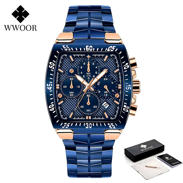 WWOOR Men Chronograph Sport Watches For Men Fashion Square Top Brand Luxury Stainless Steel Waterproof Quartz Watch Reloj Hombre