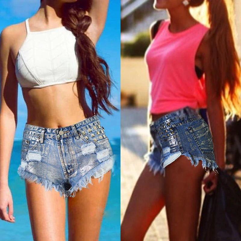 Sexy Denim Shorts Women Destroyed Ripped Jeans Rivet Embellished Studded Ladies Short Trousers Tassel Fashion Streetwear XXS XS