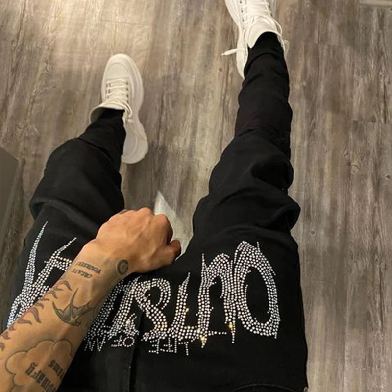 New Men Trend Black Ripped Jeans Fashion Street Hole Trousers Cozy Skinny Design Hot Rhinestone Stretch Soft Washed Denim Pants